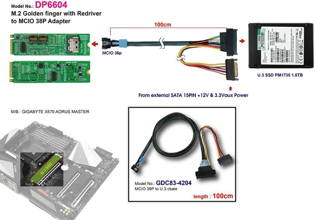 Alt view image 2 of 6 - M.2 PCIe 4.0 with ReDriver to MCIO 38P+MCIO 38P to U.3(SFF-8639) Cable, 100cm