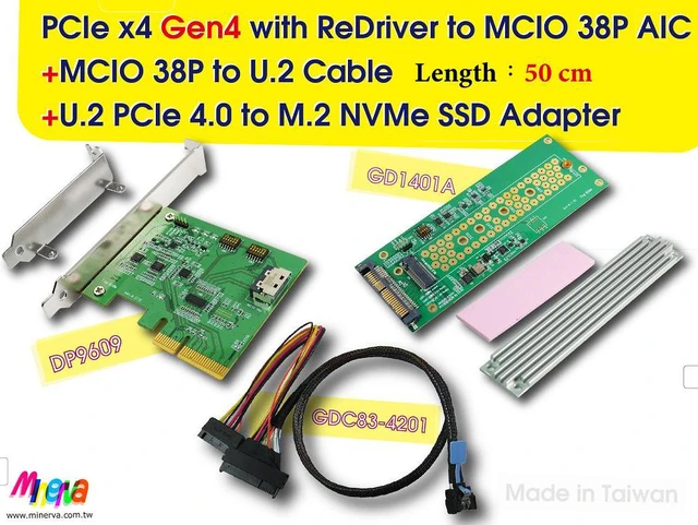 Main image of PCIe x4 Gen4 with ReDriver to MCIO 38P AIC & MCIO 38P to U.2, 50 cm Cable & U.2 to M.2 SSD Adapter with Heat Sink KIT