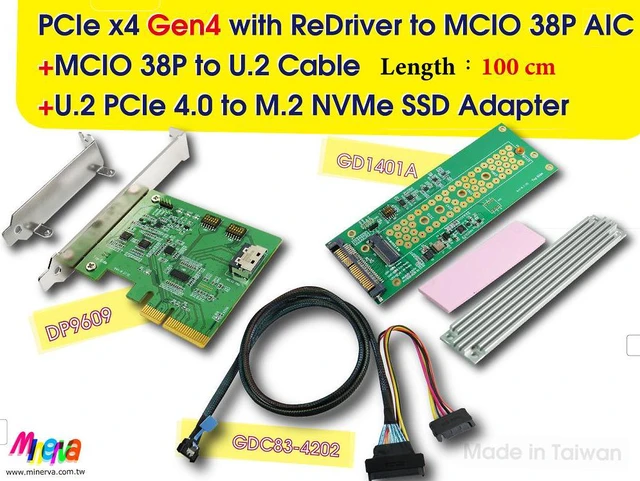 Main image of PCIe x4 Gen4 with ReDriver to MCIO 38P AIC & MCIO 38P to U.2, 100 cm Cable & U.2 to M.2 SSD Adapter with Heat Sink KIT