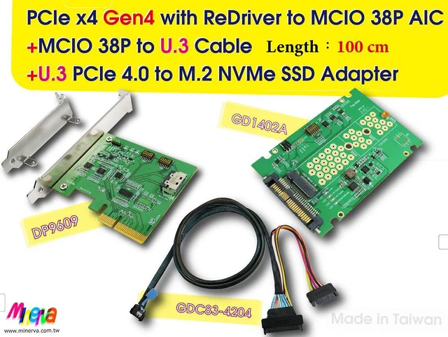 Main image of PCIe x4 Gen4 with ReDriver to MCIO 38P AIC & MCIO 38P to U.3, 100 cm Cable & U.3 to M.2 SSD Adapter KIT