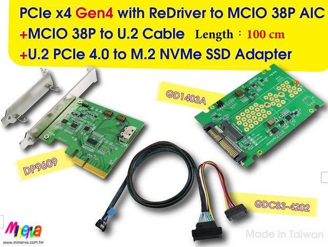 Main image of PCIe x4 Gen4 with ReDriver to MCIO 38P AIC & MCIO 38P to U.2, 100 cm Cable & U.2 to M.2 SSD Adapter KIT