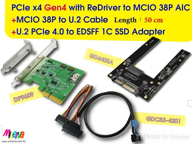 Main image of PCIe x4 Gen4 with ReDriver to MCIO 38P AIC & MCIO 38P to U.2, 50 cm Cable & U.2 to EDSFF 1C SSD Adapter KIT