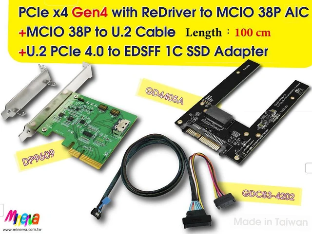 Main image of PCIe x4 Gen4 with ReDriver to MCIO 38P AIC & MCIO 38P to U.2, 100 cm Cable & U.2 to EDSFF 1C SSD Adapter KIT