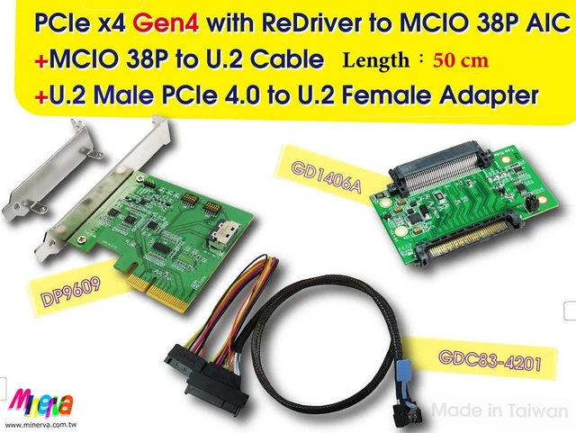 Main image of PCIe x4 Gen4 with ReDriver to MCIO 38P AIC & MCIO 38P to U.2, 50 cm Cable & U.2 Male to U.2 Female Adapter KIT