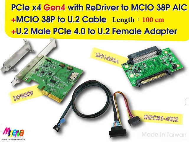 Main image of PCIe x4 Gen4 with ReDriver to MCIO 38P AIC & MCIO 38P to U.2, 100 cm Cable & U.2 Male to U.2 Female Adapter KIT