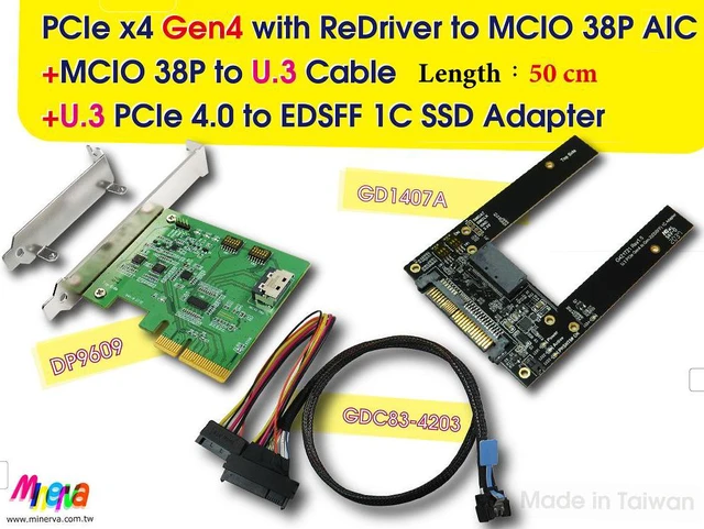 Main image of PCIe x4 Gen4 with ReDriver to MCIO 38P AIC & MCIO 38P to U.3, 50 cm Cable & U.3 to EDSFF 1C SSD Adapter KIT