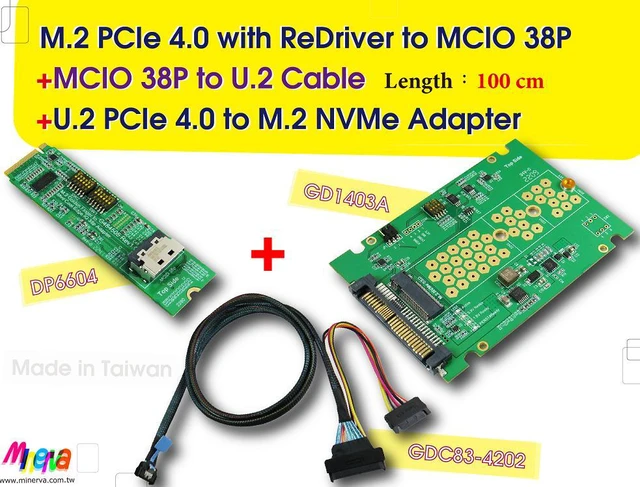 Main image of M.2 M-key PCIe 4.0 with ReDriver to MCIO 38P AIC & MCIO 38P to U.2, 100 cm Cable & U.2 to M.2 SSD Adapter KIT