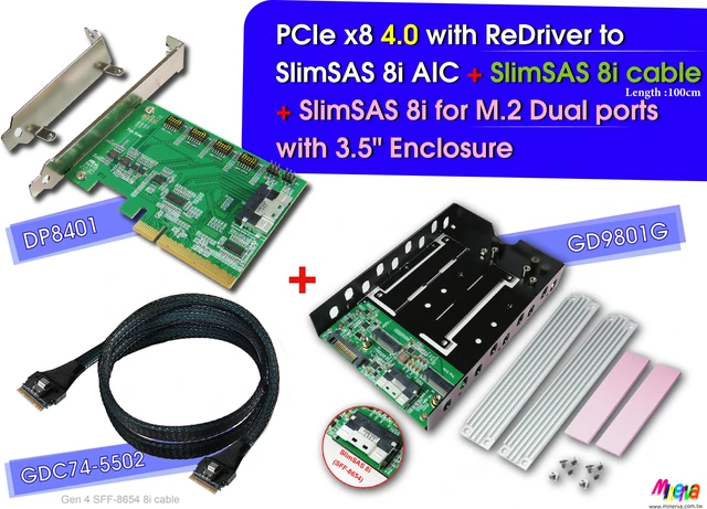 Main image of PCIe x8 Gen 4 with ReDriver to SlimSAS 8i + SlimSAS 8i cable,100cm + SlimSAS 8i to M.2 NVMe Dual port