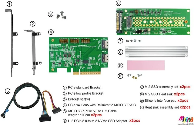 PCIe x8 Gen 5 with ReDriver to MCIO 38P AIC & MCIO 38P to U.2, 100cm ...