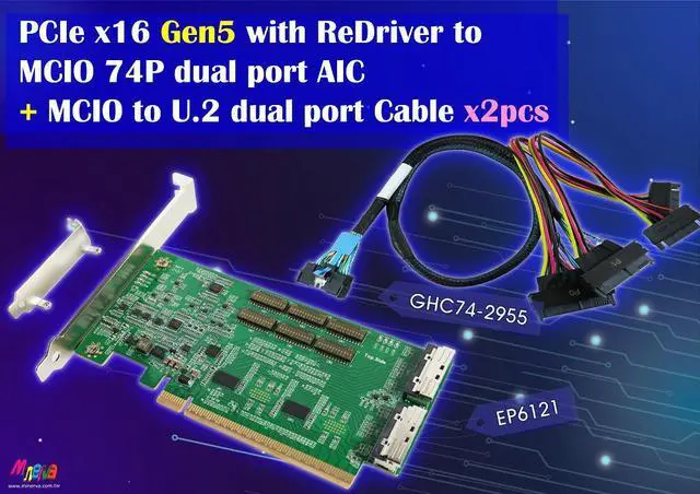 Main image of PCIe x16 Gen 5 with ReDriver to MCIO 74P Dual port+MCIO to U.2  dual port, 50cm cable x2pcs