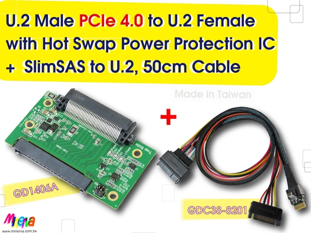 Main image of U.2 (SFF-8639) Male PCIe Gen 4 to U.2 Female with Hot Swap Power Protection IC & SlimSAS 4i (SFF-8654) to U.2 Cable KIT