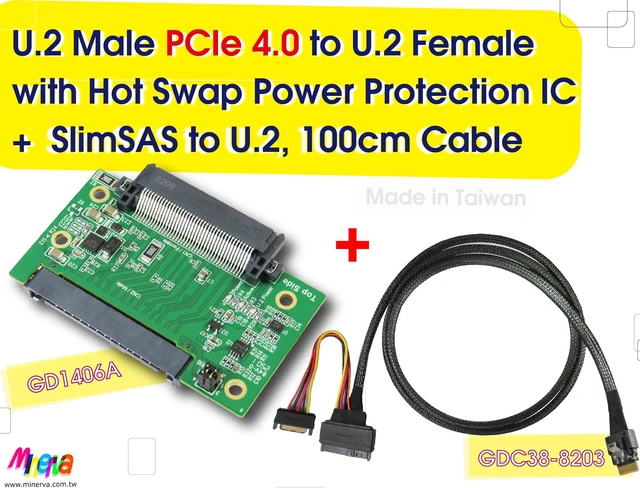 Main image of U.2 (SFF-8639) Male PCIe Gen 4 to U.2 Female with Hot Swap Power Protection IC & SlimSAS 4i (SFF-8654) to U.2 Cable,100cm KIT