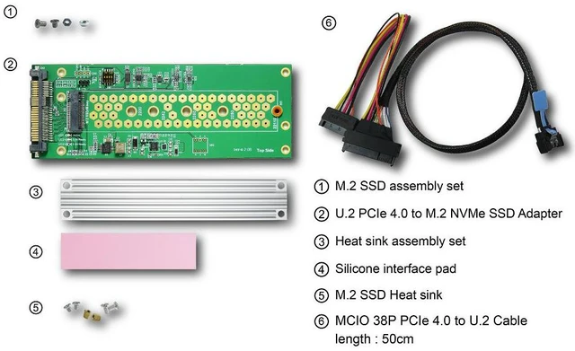Alt view image 6 of 6 - PCIe 4.0 MCIO 38P to U.2 cable, 50cm+U.2 to M.2 adapter