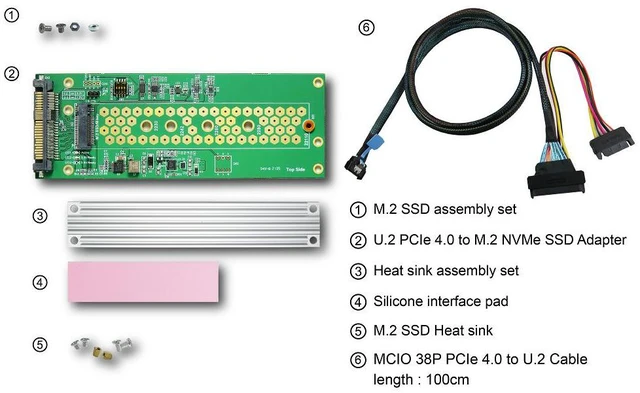 Alt view image 6 of 6 - PCIe 4.0 MCIO 38P to U.2 cable, 100cm+U.2 to M.2 adapter