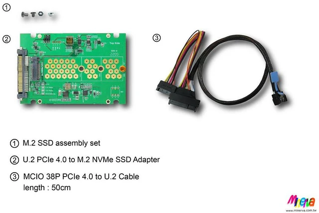 Alt view image 6 of 6 - PCIe 4.0 MCIO 38P to U.2 cable, 50cm+U.2 to M.2 adapter