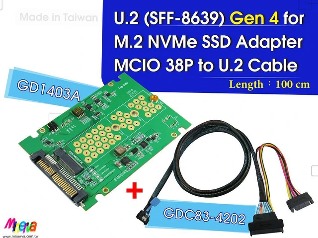 Main image of PCIe 4.0 MCIO 38P to U.2 cable, 100cm+U.2 to M.2 adapter