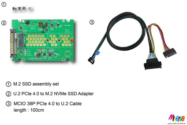 Alt view image 6 of 6 - PCIe 4.0 MCIO 38P to U.2 cable, 100cm+U.2 to M.2 adapter