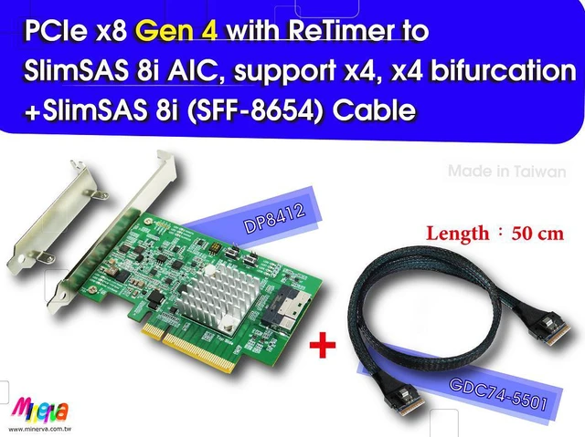 Main image of PCIe x8 Gen 4+ReTimer to SFF-8654 8i +SFF-8654 8i cable, 50cm