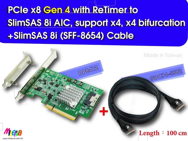 Main image of PCIe x8 Gen 4+ReTimer to SFF-8654 8i +SFF-8654 8i cable, 100cm