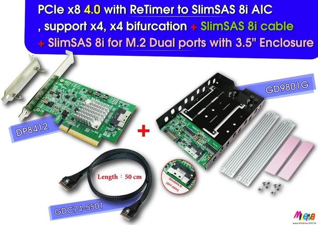 Main image of PCIe x8 Gen 4+ReTimer to SlimSAS 8i+SlimSAS 8i, 50cm cable+SlimSAS 8i to M.2 x2pcs+3.5" Enclosure