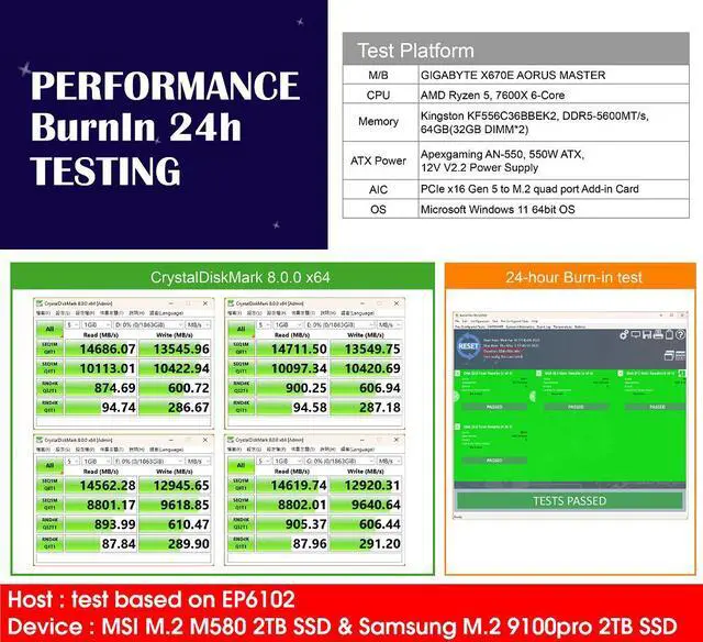 Alt view image 3 of 6 - PCIe x16 Gen5 to M.2 Quad Port AIC, support 22x110mm
