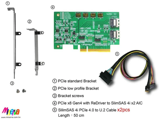 Alt view image 7 of 7 - PCIe x8 Gen 4 with ReDriver to SlimSAS 4i dual port AIC & SlimSAS to U.2 (SFF-8639) ,50cm Cable x2 pcs