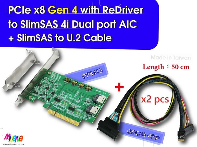 Main image of PCIe x8 Gen 4 with ReDriver to SlimSAS 4i dual port AIC & SlimSAS to U.2 (SFF-8639) ,50cm Cable x2 pcs