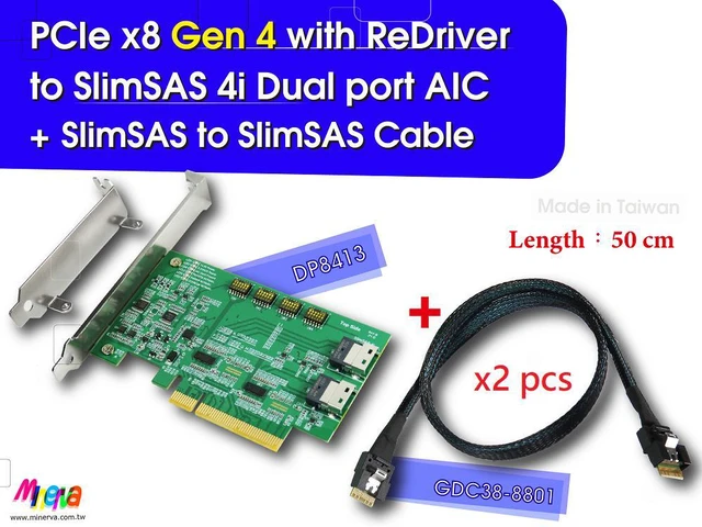 Main image of PCIe x8 Gen 4 with ReDriver to SlimSAS 4i dual port AIC & SlimSAS to SlimSAS, 50cm Cable x2 pcs