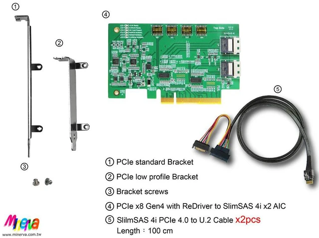 Alt view image 7 of 7 - PCIe x8 Gen 4 with ReDriver to SlimSAS 4i dual port AIC & SlimSAS to U.2 (SFF-8639) ,100cm Cable x2 pcs