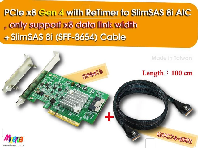 Main image of PCIe x8 Gen4 with ReTimer to SFF-8654 8i AIC, only support x8 data link width & SFF-8654 8i to SFF-8654 8i, 100cm cable