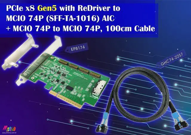 Main image of PCIe x8 Gen5 with ReDriver to MCIO 74P (SFF-TA-1016) AIC + MCIO 74P to MCIO 74P, 100cm Cable