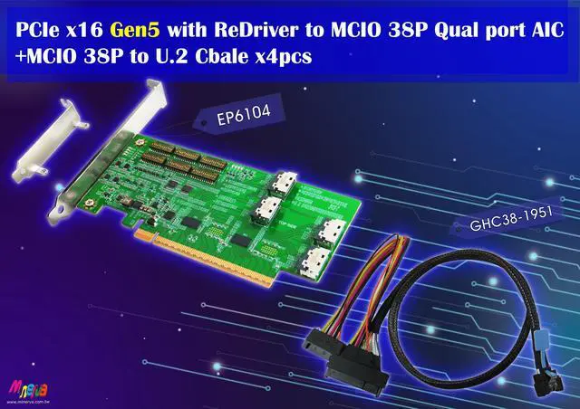 Main image of PCIe x16 Gen 5 with ReDriver to MCIO 74P Qual port AIC & MCIO to U.2, 50cm cable x4pcs