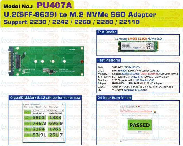 Alt view image 2 of 4 - U.2 (SFF-8639) to M.2 NVMe SSD adapter Support 2230 / 2242 /2260 /2280 /22110