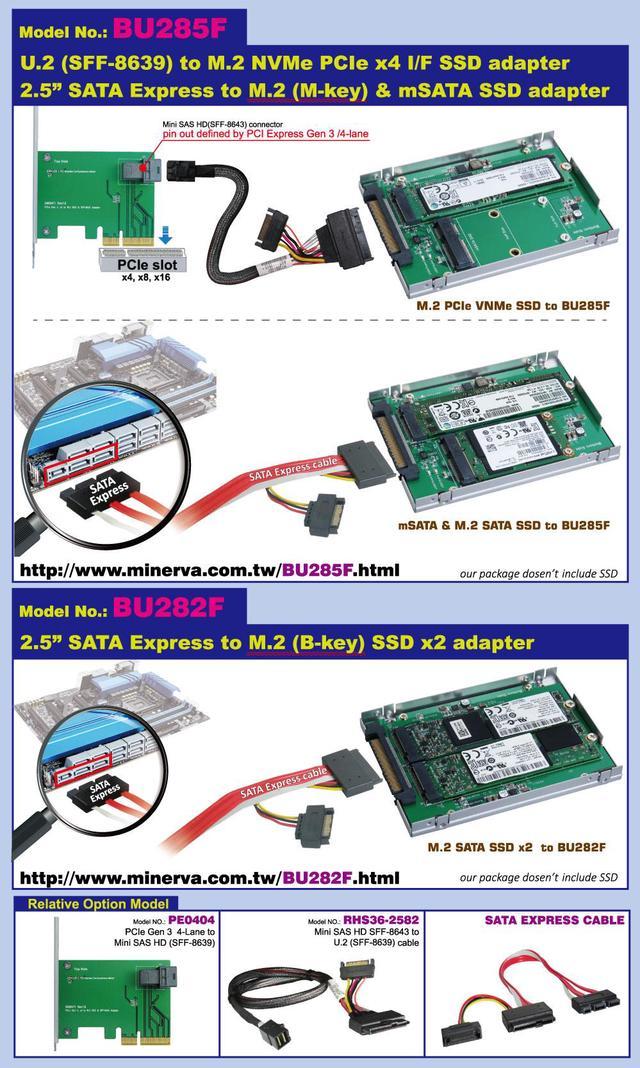 Innocard 2.5 U.2 (SFF-8639) to M.2 NVMe SSD & SATA Express to M.2 SATA SSD  with U.2 to mini SAS HD Cable & SATA Express to SATA Dual ports Cable 
