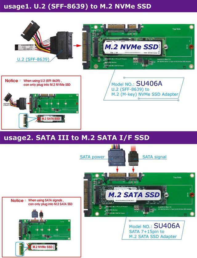Alt view image 2 of 7 - U.2 (SFF-8639) to M.2 NVMe SSD & SATA 7+15pin to M.2 (SATA I/F) SSD Adapter Support 2230 / 2242 /2260 /2280 /22110