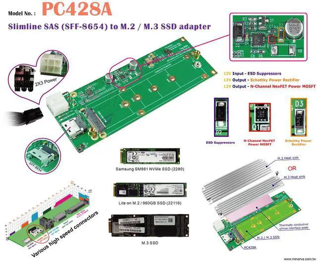 Alt view image 3 of 6 - Innocard Slimline SAS (SFF-8654) to M.2 NVMe SSD Adapter with Slimline SAS to Mini SAS HD Cable