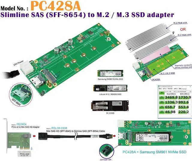 Alt view image 2 of 6 - Innocard Slimline SAS (SFF-8654) to M.2 NVMe SSD Adapter with Slimline SAS to Mini SAS HD Cable