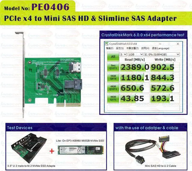 Alt view image 3 of 6 - Innocard PCIe Gen 3 / 4-Lane to Mini SAS HD & Slimline SAS Adapter with U.2 to Mini SAS HD Cable & 3.5" U.2 to M.2 NVMe SSD device tray