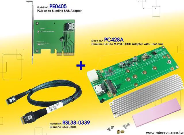 Main image of Innocard PCIe x4 to Slimline SAS Adapter with Slimline SAS Cable with Slimine SAS to M.2 / M.3 (NF1) SSD Adapter + SSD Heat sink