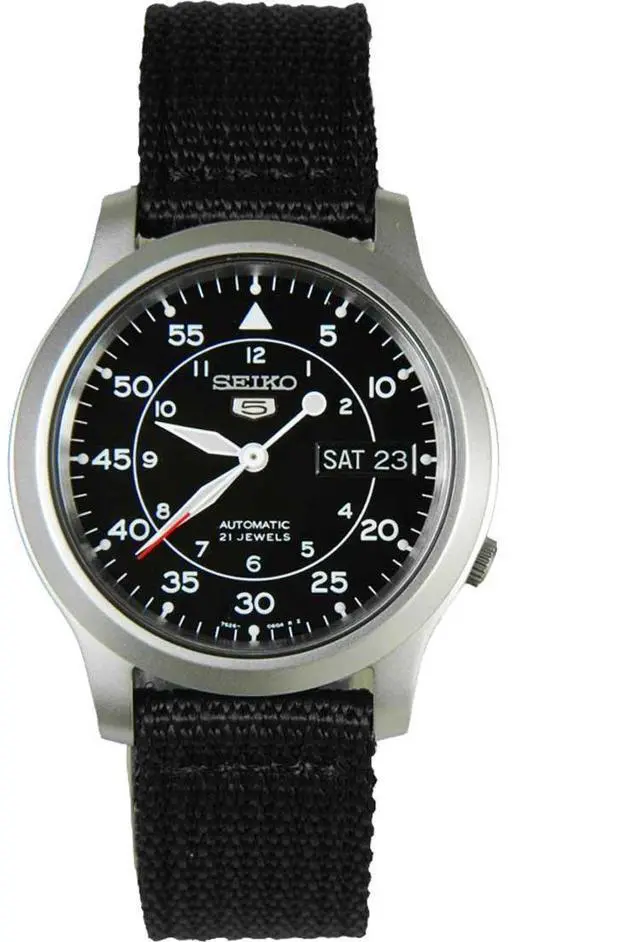 Alt view image 8 of 16 - Seiko 5 Black Dial Black Canvas Strap Automatic Mens Watch SNK809K2