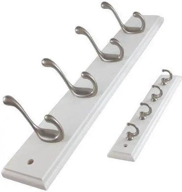 Alt view image 4 of 4 - Stanley S804-344 Decorative 18" Satin/white Hook Rail Coat Rack Utility Storage 4 Flared Top Hooks + 9" Combo