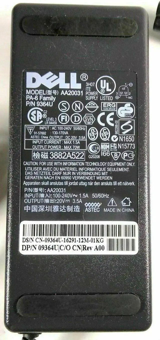 Alt view image 5 of 5 - Genuine Dell AA20031 AC Adapter 20V 3.5A Power Supply P/N 9364U P/N 4983D 3872B723 w/PC OEM