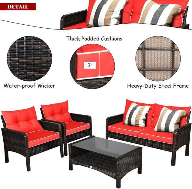 Alt view image 6 of 7 - Costway 4PCS Patio Rattan Furniture Set Loveseat Sofa Coffee Table Garden W/Red Cushion