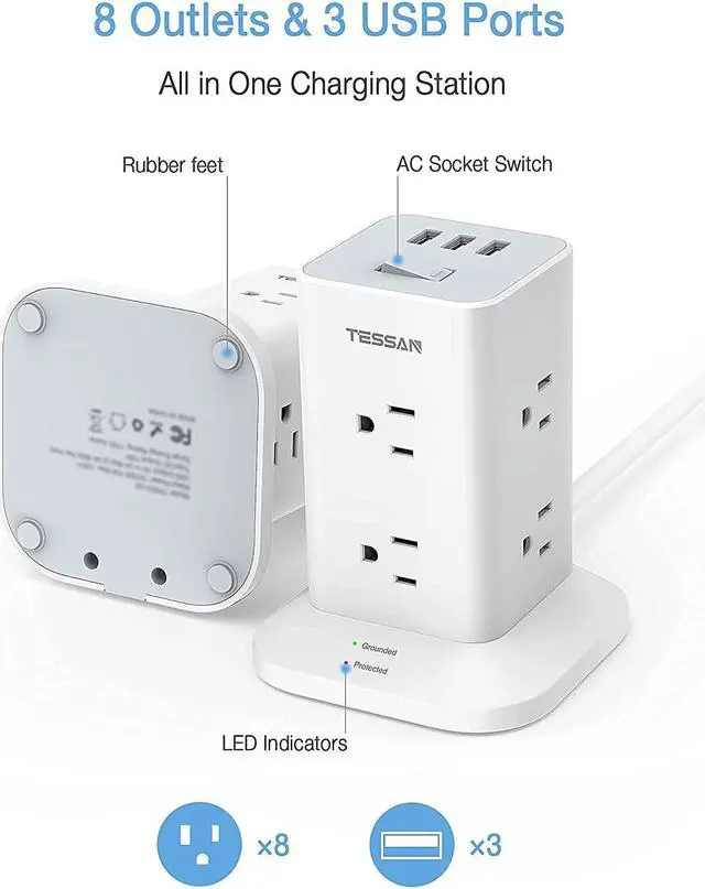 Alt view image 2 of 7 - Power Strip Tower Surge Protector 8 Wide Spaced Outlets And 3 Usb Ports, Extension Cord 6 Feet Flat Plug, Charging Station With Compact Size, 1700 J Protection, 1875W, White