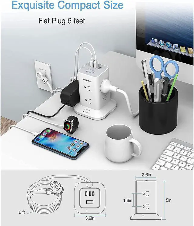 Alt view image 3 of 7 - Power Strip Tower Surge Protector 8 Wide Spaced Outlets And 3 Usb Ports, Extension Cord 6 Feet Flat Plug, Charging Station With Compact Size, 1700 J Protection, 1875W, White