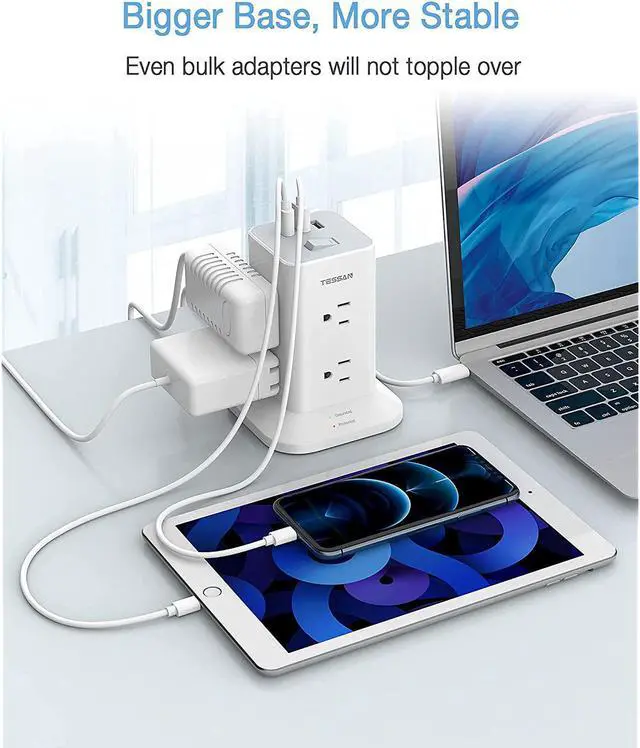 Alt view image 7 of 7 - Power Strip Tower Surge Protector 8 Wide Spaced Outlets And 3 Usb Ports, Extension Cord 6 Feet Flat Plug, Charging Station With Compact Size, 1700 J Protection, 1875W, White