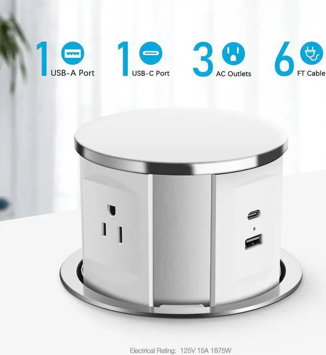 Alt view image 5 of 7 - Pop Up Outlet For Countertop, Pop Up Power Strip With Usb C Ports, Kitchen Counters Grommet Outlet Center With 3 Outlet And Usb Ports. (White)