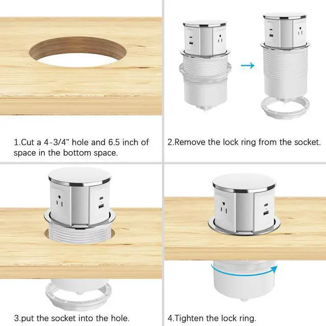 Alt view image 6 of 7 - Pop Up Outlet For Countertop, Pop Up Power Strip With Usb C Ports, Kitchen Counters Grommet Outlet Center With 3 Outlet And Usb Ports. (White)