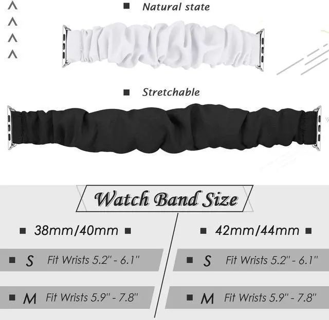 Alt view image 2 of 6 - 2 Pcs Scrunchie Apple Watch Band For Women, 38Mm 40Mm 42Mm 44Mm Apple Watch Bands, Cute Apple Watch Bands For Series 5/4/3/2/1 (S-38/40 Black+White)