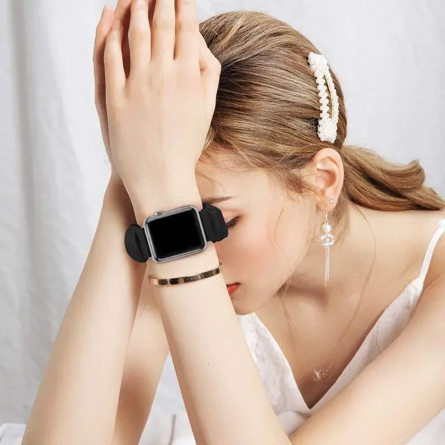 Alt view image 5 of 6 - 2 Pcs Scrunchie Apple Watch Band For Women, 38Mm 40Mm 42Mm 44Mm Apple Watch Bands, Cute Apple Watch Bands For Series 5/4/3/2/1 (S-38/40 Black+White)